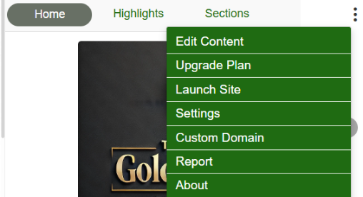Site menu open over the homepage, showing the Launch Site option