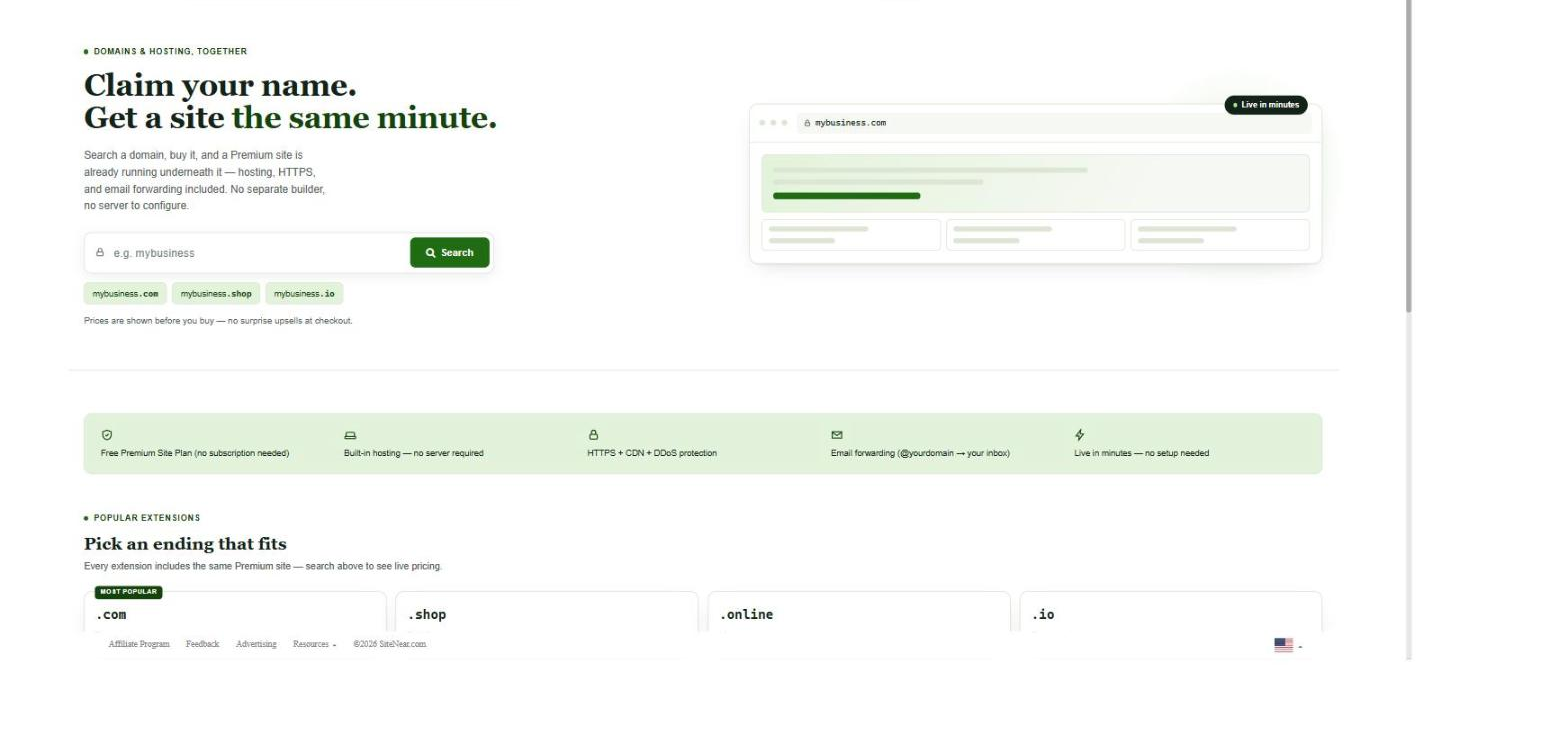 Domains page with a search box, popular extensions, and included features