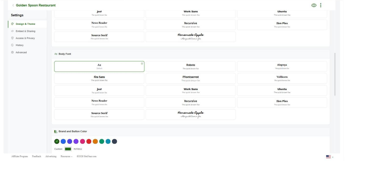 Body font picker and Brand and Button Color options with custom hex input