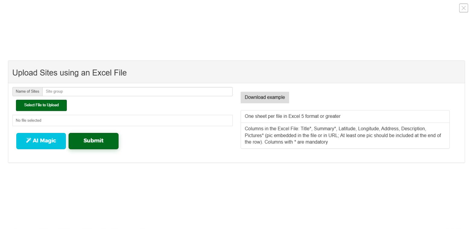 Upload Sites using an Excel File dialog, with a Name of Sites field and file upload button