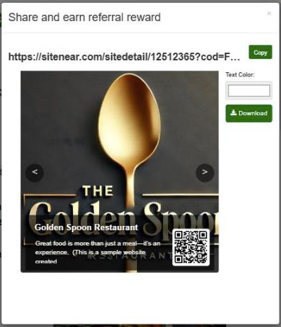 Share dialog with a shareable link, a downloadable poster, and a QR code