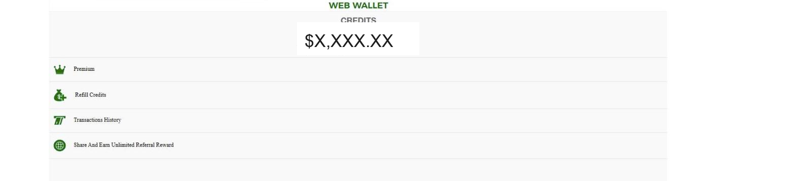 Web Wallet page showing account credits, Premium, Refill Credits, Transactions History, and referral sharing options